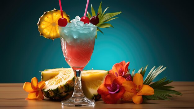 Un cocktail tropicale con un ombrello decorativo e una guarnizione di frutta fresca