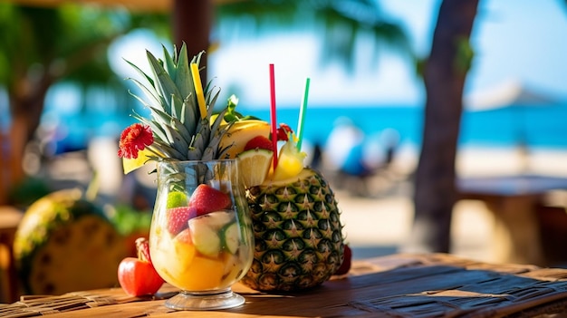 Un cocktail tropicale estivo su un tavolo in una spiaggia sabbiosa con ombrelloni vibranti e guarnizioni di fruttaxA