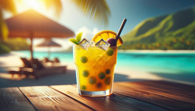 Un cocktail tropicale vibrante su un tavolo di legno sullo sfondo di una spiaggia da sogno