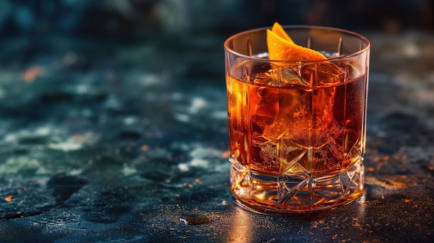 Un cocktail vecchio stile con ghiaccio e un twist arancione su una superficie scura