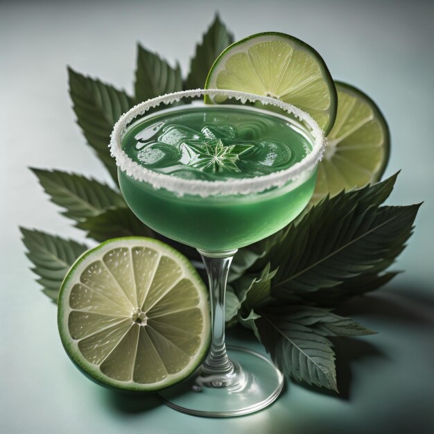 Un cocktail verde con lime e lime su sfondo blu.