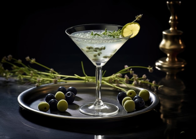 Un cocktail Vesper Martini servito con un contorno di bacche di cappero salato che ne esaltano il profilo aromatico