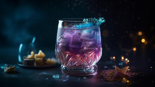 Un cocktail viola con una foglia in alto e un bicchiere di ghiaccio a destra.