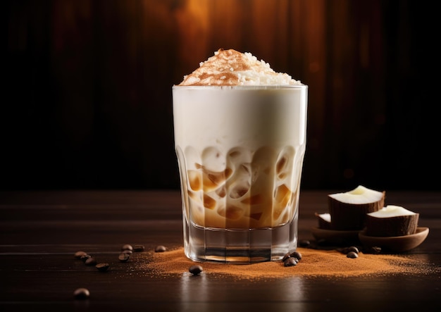 Un cocktail White Russian fotografato con luci soffuse e diffuse per un'atmosfera calda