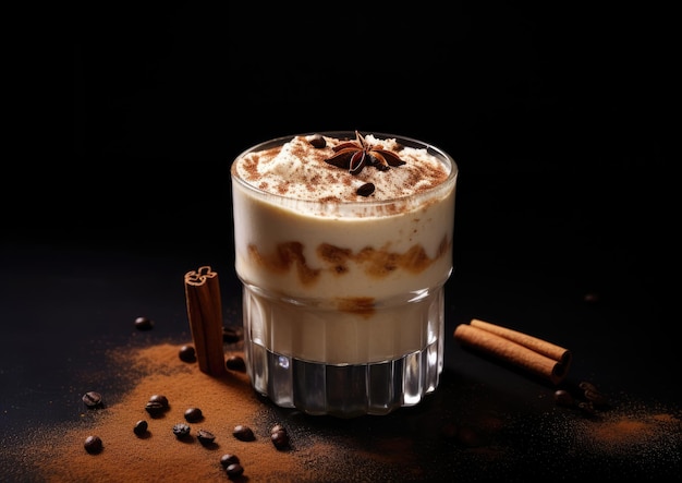 Un cocktail White Russian guarnito con una spolverata di cannella in polvere