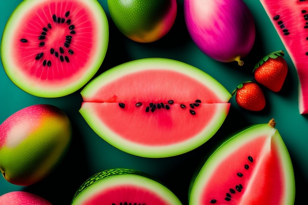 Un cocomero è circondato da frutti.