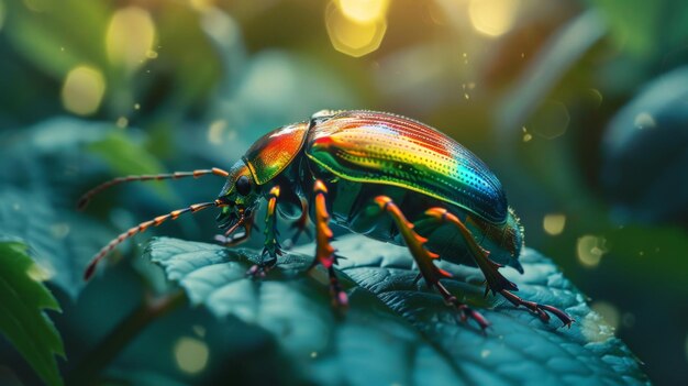 Un coleottero iridescente su una foresta di foglie verde dolcemente sfocata