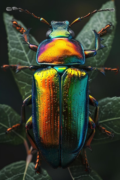 Un coleottero seduto a terra con occhi e ali colorate