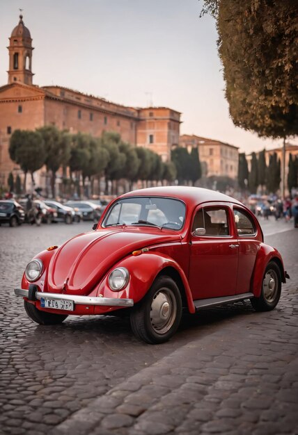 Un coleottero sportivo rosso nella città di Roma in Italia