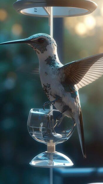 Un colibrì che beve da un bicchiere di vino