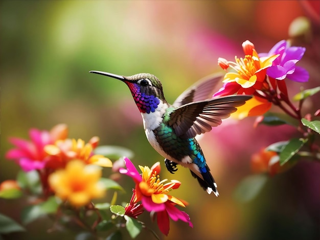 Un colibrì che si nutre di un fiore colorato Generato dall'AI