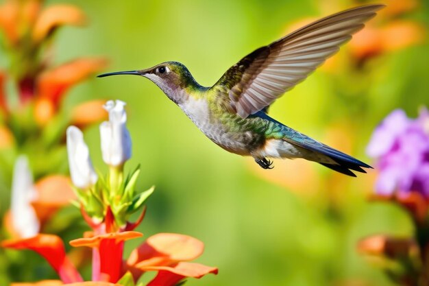 Un colibrì che sorseggia il nettare dei lupini viola