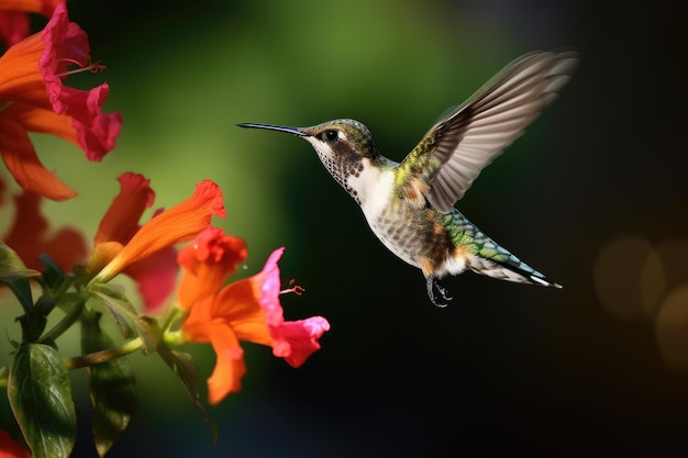 Un colibrì che vola accanto a un fiore