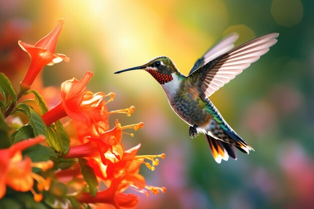 Un colibrì che vola accanto a un fiore