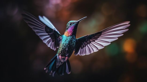 Un colibrì che vola in aria con le ali spiegate.