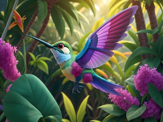 Un colibrì che vola per il nettare dei fiori generato dall'AI