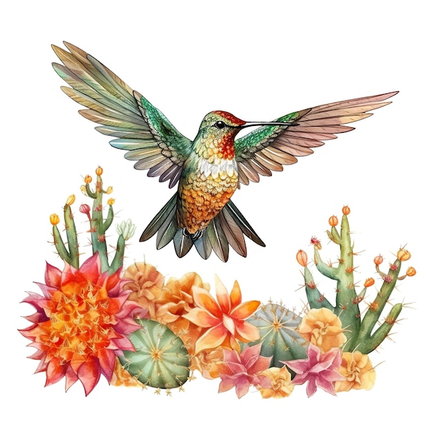 Un colibrì che vola sopra un cactus e fiori genera un'immagine ai