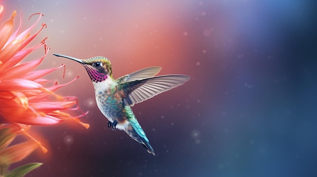 Un colibrì colorato con uno sfondo rosa e blu.