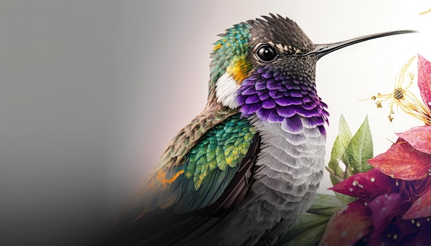Un colibrì colorato si siede su un ramo con uno sfondo verde e viola.