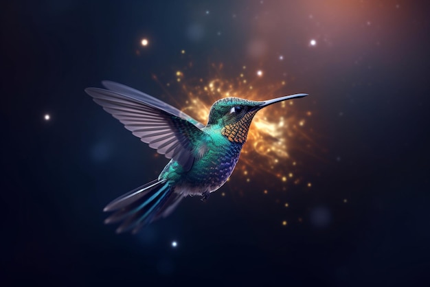 Un colibrì con ali blu e verdi e una testa verde e oro.