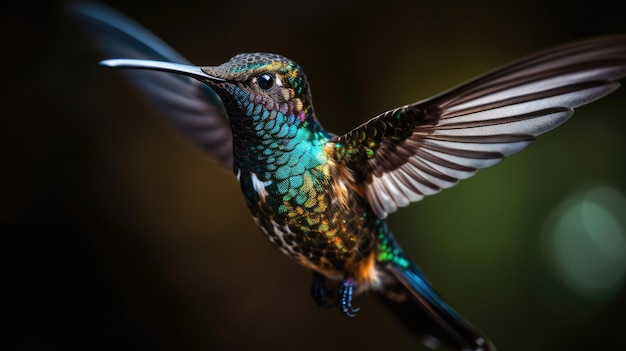 Un colibrì con la testa blu e verde e le ali spiegate.