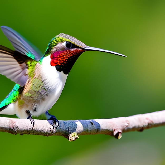 Un colibrì con testa e collo verdi e rossi è su un ramo.