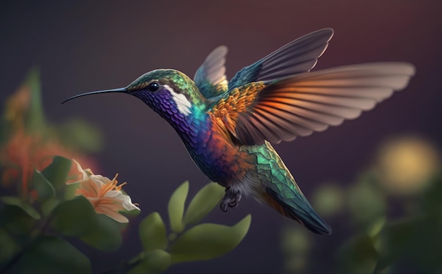 Un colibrì con un fiore viola sullo sfondo