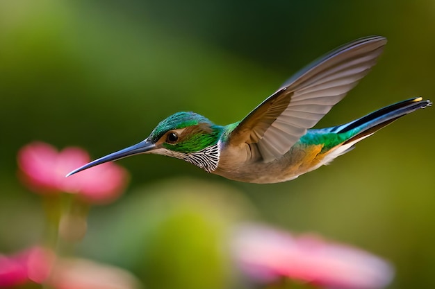 Un colibrì con un lungo becco e una testa verde con un lungo becco e un lungo becco.