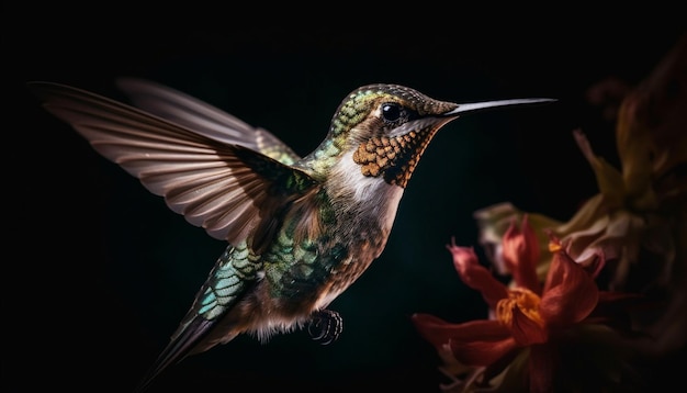 Un colibrì in bilico sbatte ali iridescenti impollinando fiori vibranti a mezz'aria generati dall'intelligenza artificiale