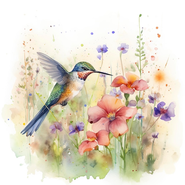 Un colibrì in un campo di fiori primaverili acquerello sfondo bianco vuoto generat ai