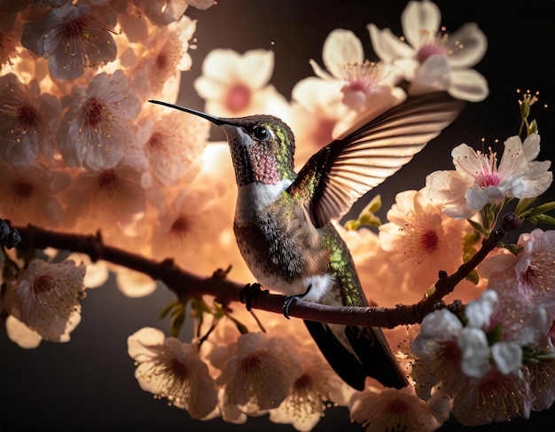 Un colibrì seduto su un ramo di un albero di ciliegio sullo sfondo del fuzz di pescozza Il colore dell'anno 202