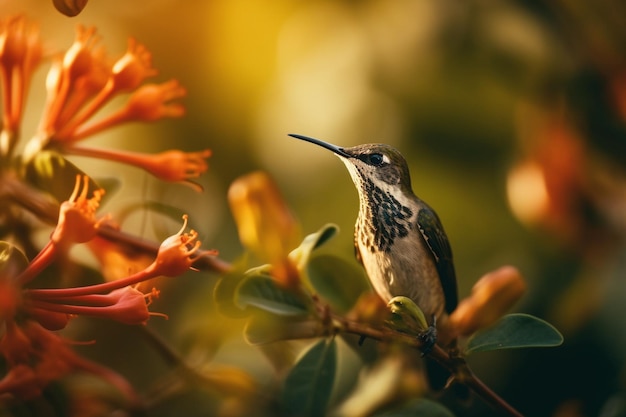 Un colibrì si siede su un ramo con fiori sullo sfondo.