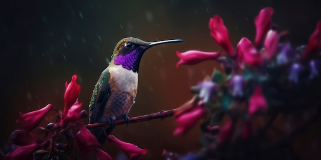 Un colibrì si siede su un ramo sotto la pioggia.