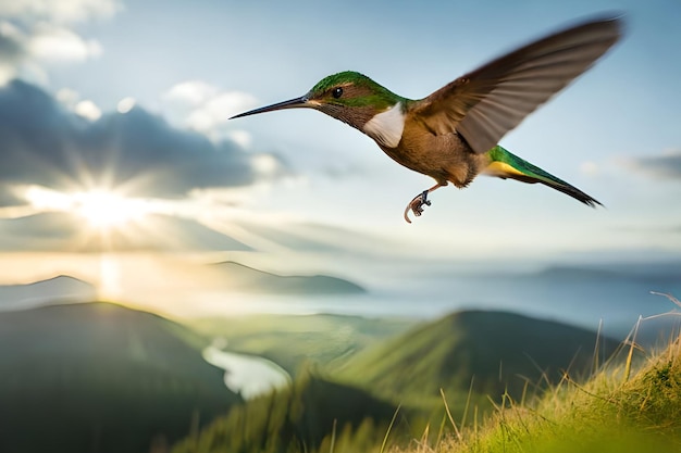 Un colibrì sorvola un paesaggio di montagna con un tramonto sullo sfondo.