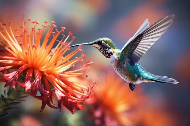 Un colibrì sta sorvolando un fiore con un fiore sullo sfondo.