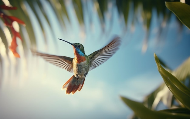 un colibrì sta volando attraverso una palma