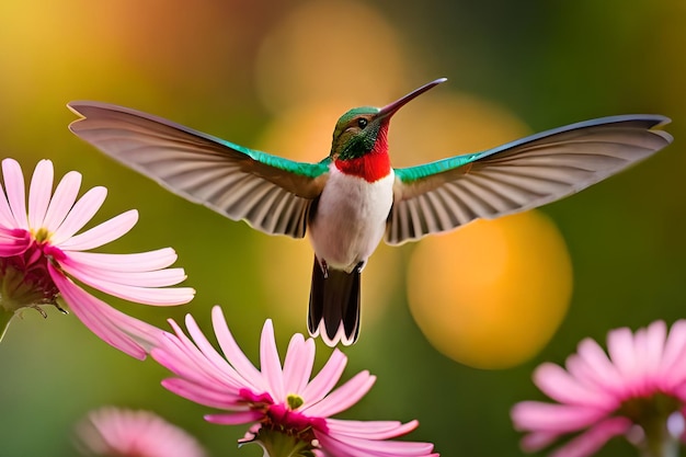 Un colibrì sta volando davanti a un fiore rosa.