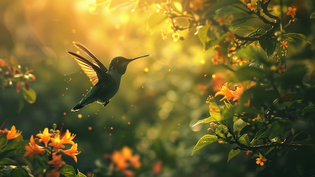 un colibrì sta volando sopra una pianta a fiori con il sole dietro di sé