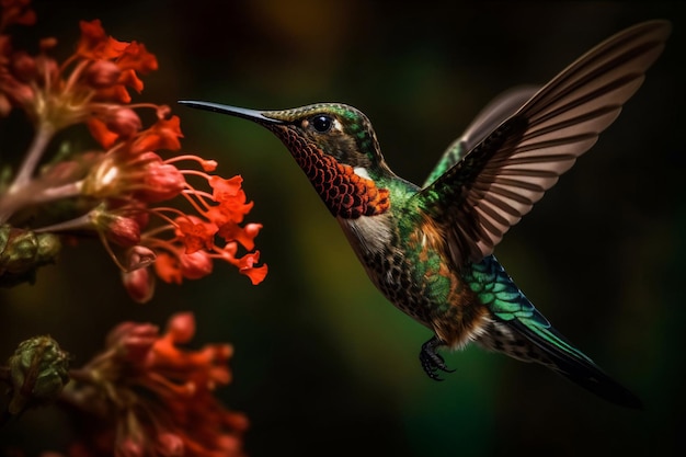 Un colibrì sta volando verso un fiore rosso.