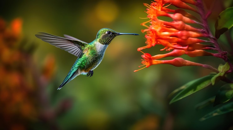 Foto un colibrì sta volando verso un fiore.