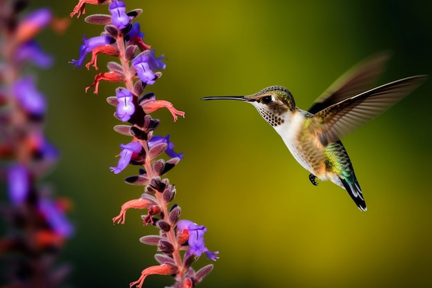 Un colibrì sta volando vicino a un fiore viola.