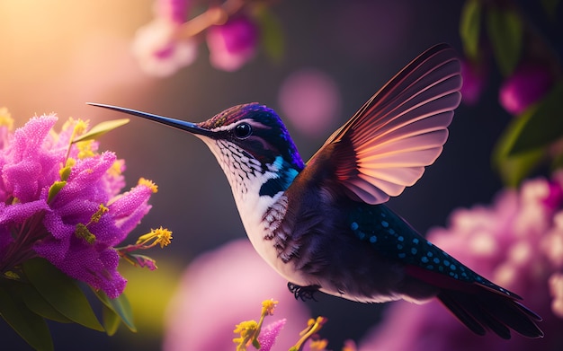 Un colibrì su un fiore con fiori viola sullo sfondo