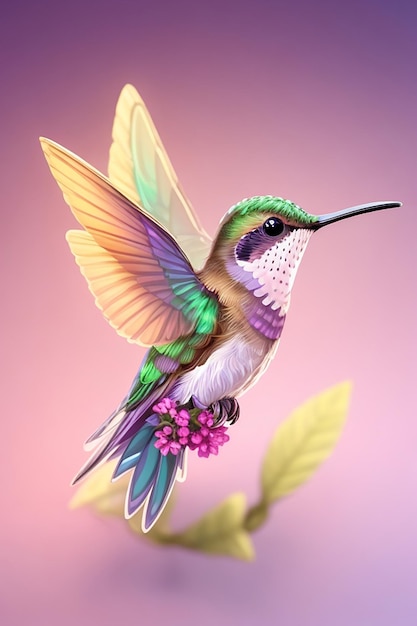 Un colibrì volante colorato con uno sfondo colorato