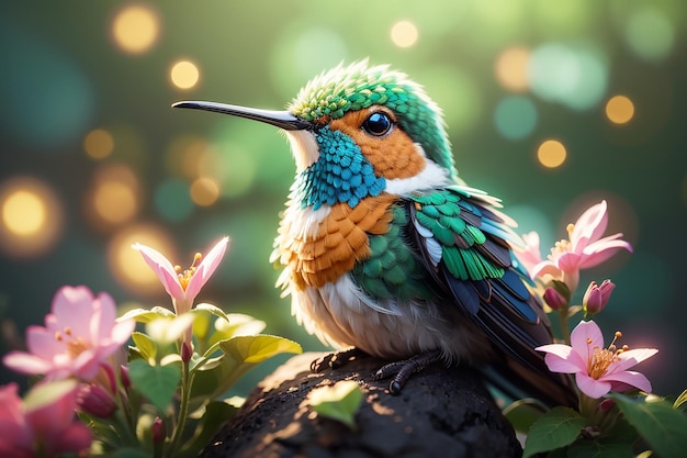 Un colibrì volante colorato con uno sfondo colorato