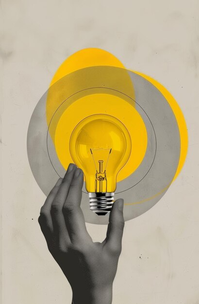 Un collage a mano tiene una lampadina gialla vibrante che simboleggia la creatività e le idee Ispirazione Innovazione Bright Concept
