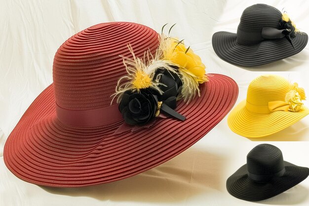 un collage di cappelli ecclesiastici femminili eleganti con piume o fiori caramelle multicolori mele rosso e un cappello solare femminile giallo senza piume
