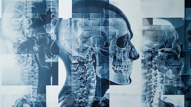 Un collage di dettagliate immagini a raggi X blu che mostrano vari angoli e sezioni dello scheletro umano
