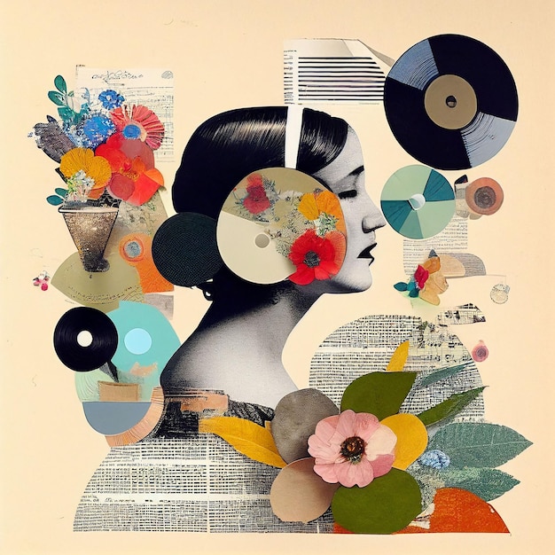 Un collage di fiori e una testa di donna con dischi in vinile