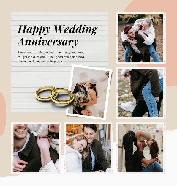 un collage di foto con una coppia che si bacia e una carta di anniversario di matrimonio