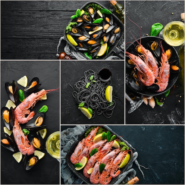Un collage di foto di piatti a base di pesce Vista dall'alto su sfondo nero